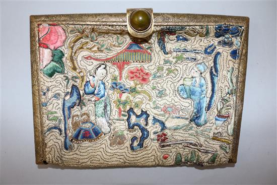 Two Chinese Peking Knot silk embroidered handbags, early 20th century, 26cm and 22cm